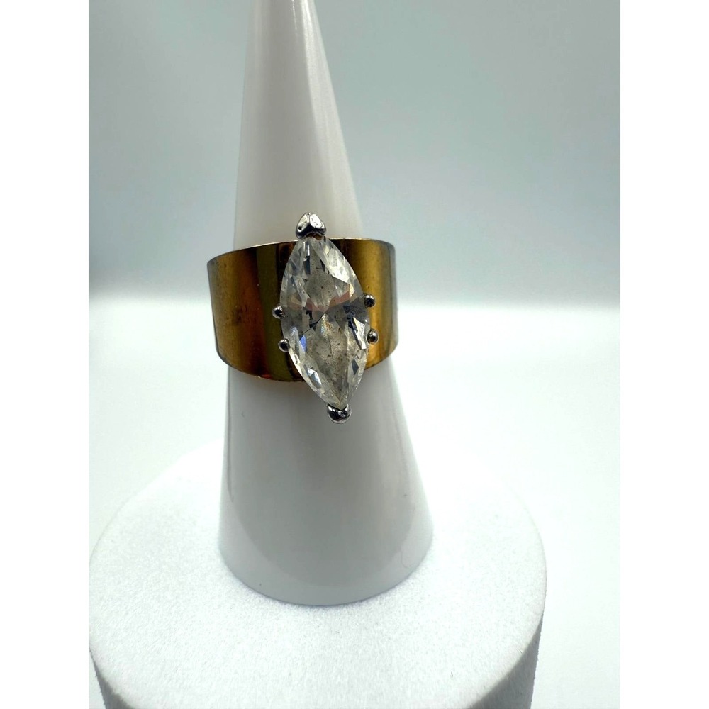 Vintage 18K HGE Marquise CZ Wide Cigar Band Ring Gold Tone Statement Size 6.75